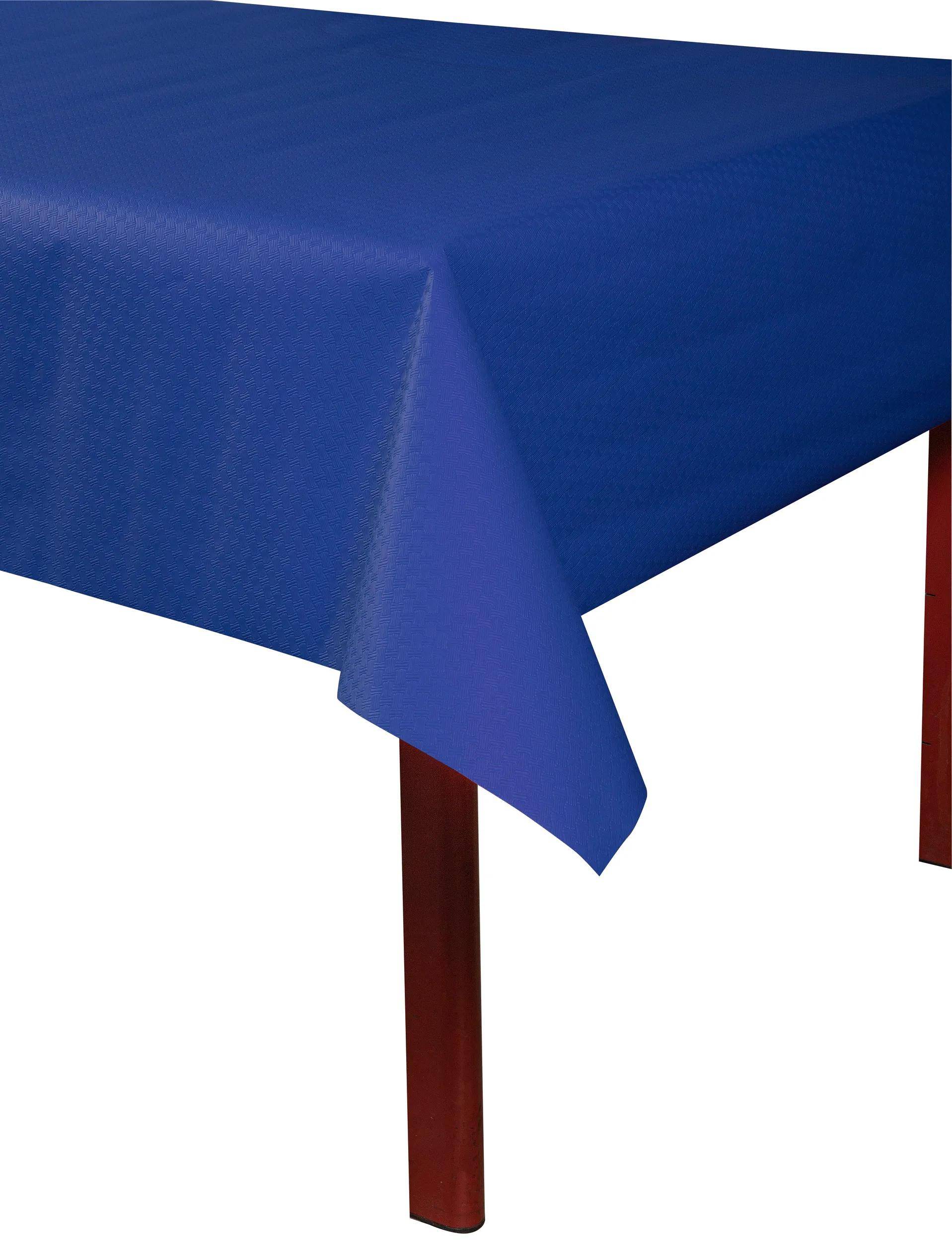Ein blaues Tischtuch bedeckt einen rechteckigen Tisch mit einer sichtbaren Ecke, die über roten Tischbeinen herunterhängt.