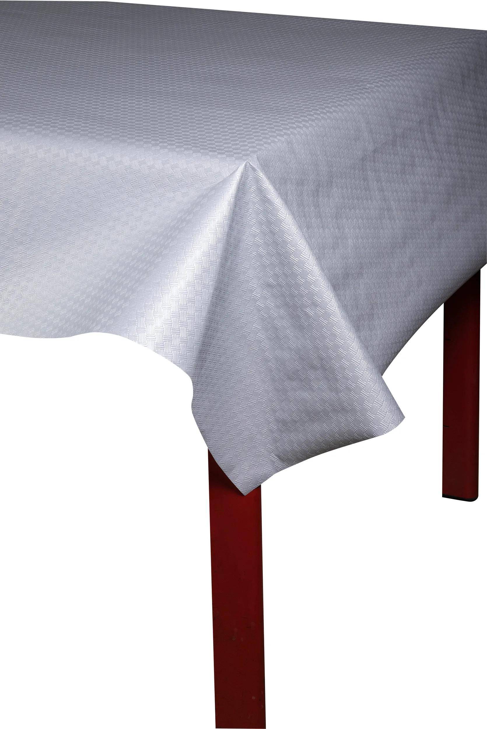 Ein weißes Tischtuch mit einem subtilen Karomuster drapiert sich über einen Tisch mit roten Beinen und schafft ein sauberes und elegantes Aussehen.