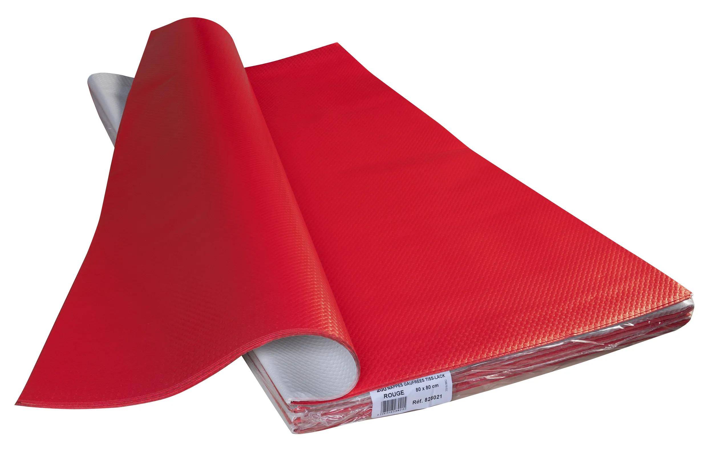 Eine Rolle leuchtend rotes wasserdichtes Gewebe, teilweise aufgerollt, mit weißer Rückseite sichtbar.