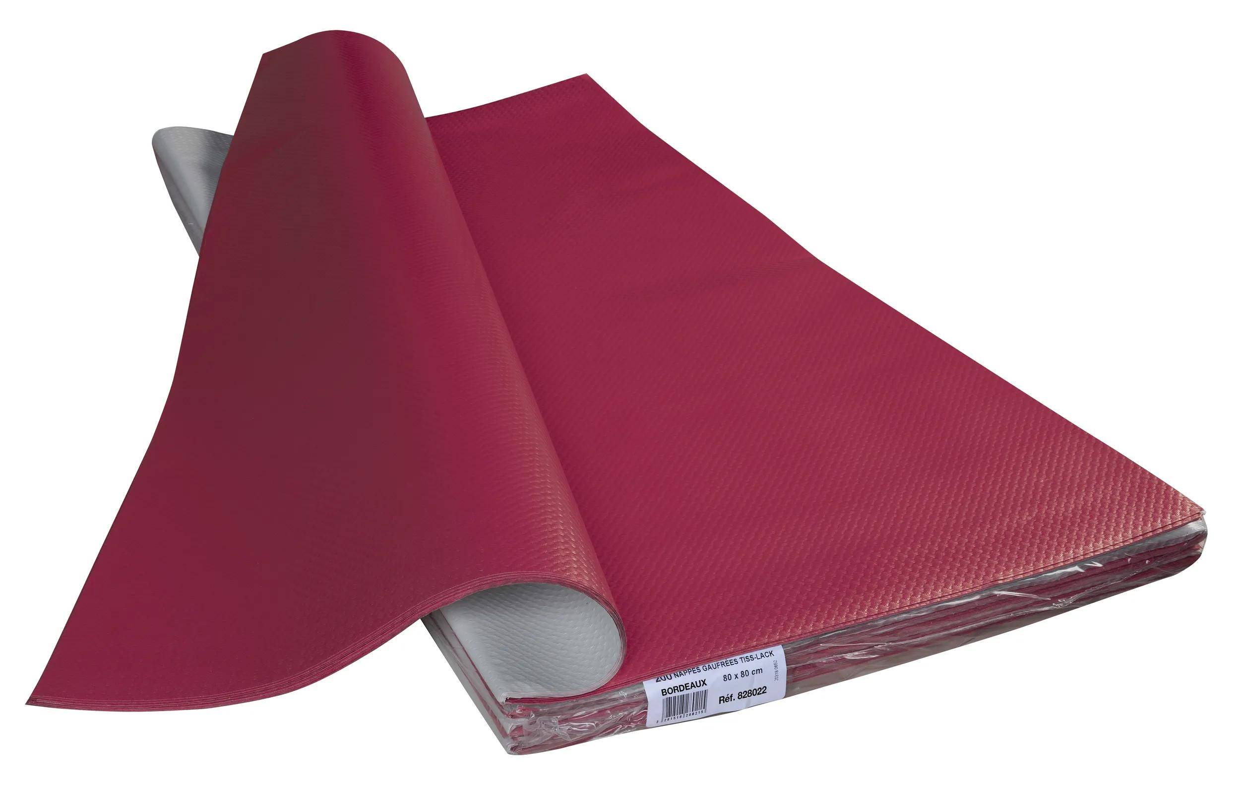 Eine rote Plane, teilweise ausgerollt, die eine strukturierte Oberfläche zeigt. Ein weißes Etikett mit Produktdetails ist an einer Kante sichtbar.