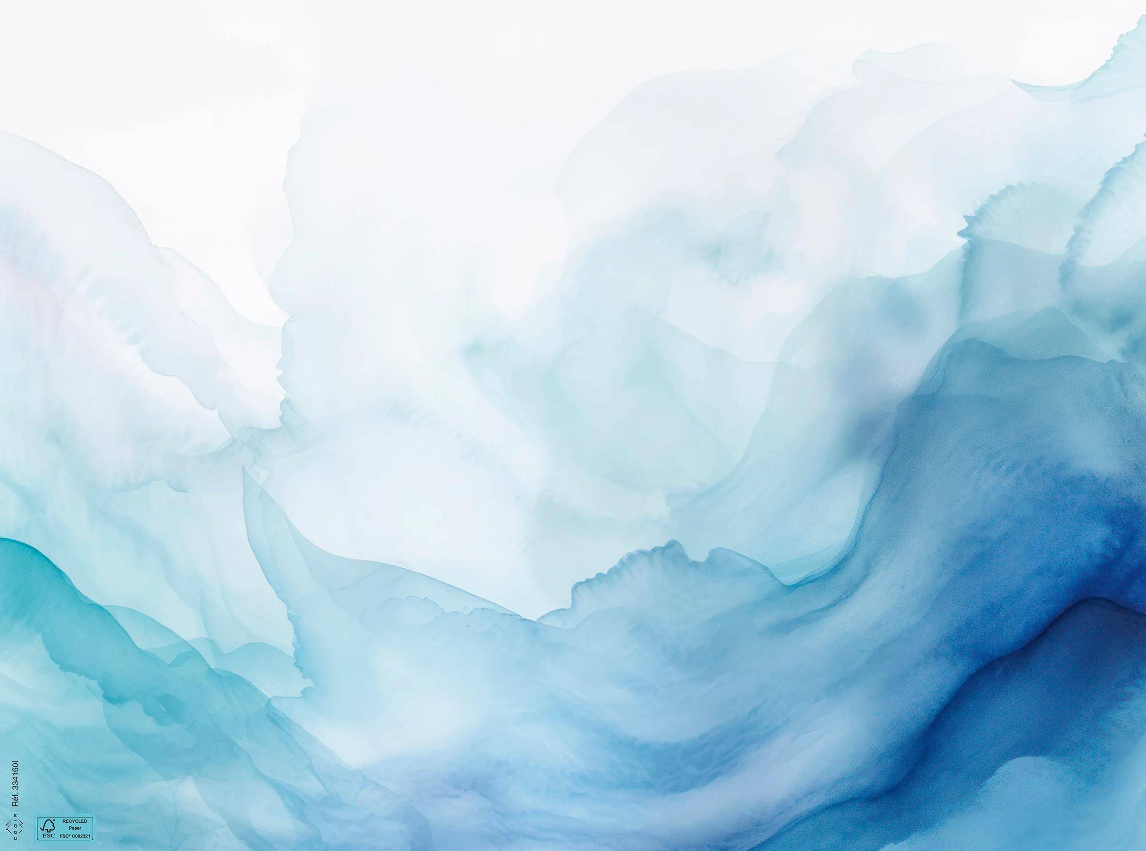 Abstrakte Aquarellkunst in Blau- und Weißtönen; sanfte Übergänge schaffen eine ruhige und gelassene Atmosphäre.