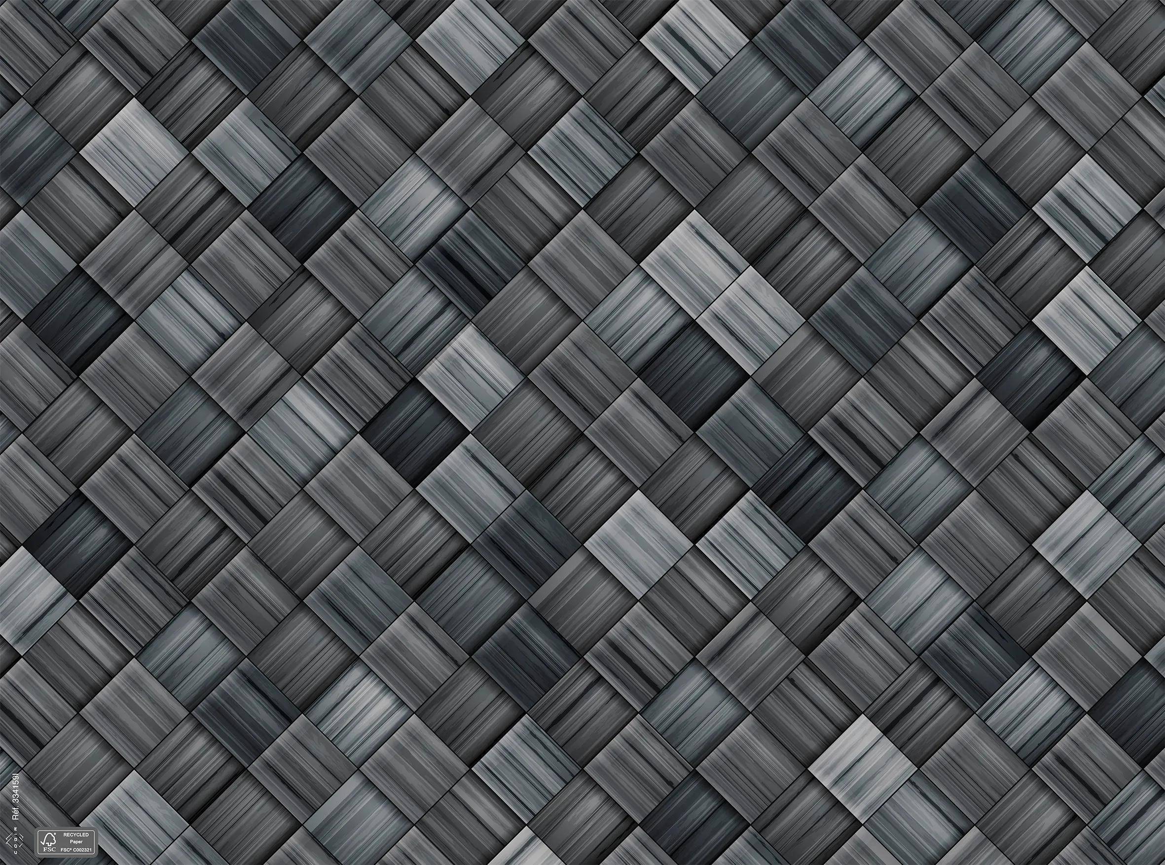 Ein strukturiertes Muster aus verflochtenen dunkelgrauen und schwarzen Fliesen, das ein geometrisches, gewebtes Aussehen erzeugt.