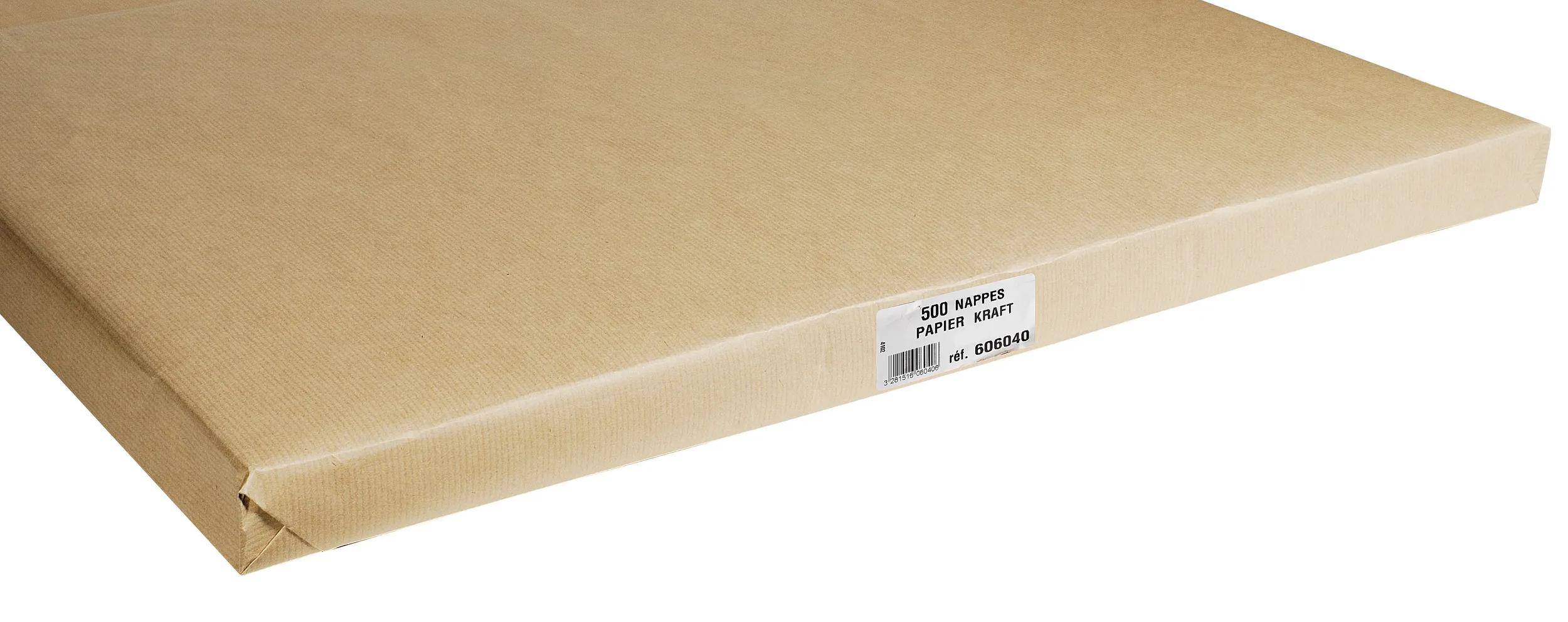 Ein Stapel von 500 Kraftpapiertüchern wird gezeigt, verpackt in einer schlichten Verpackung mit einem Etikett mit der Aufschrift „500 Nappes Papier Kraft réf. 60640