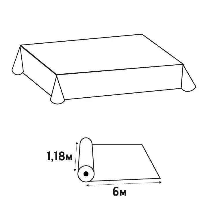 Diagramm, das eine rechteckige Tischdecke mit Maßen zeigt: Tischhöhe 1,18 Meter, Deckenlänge 6 Meter.
