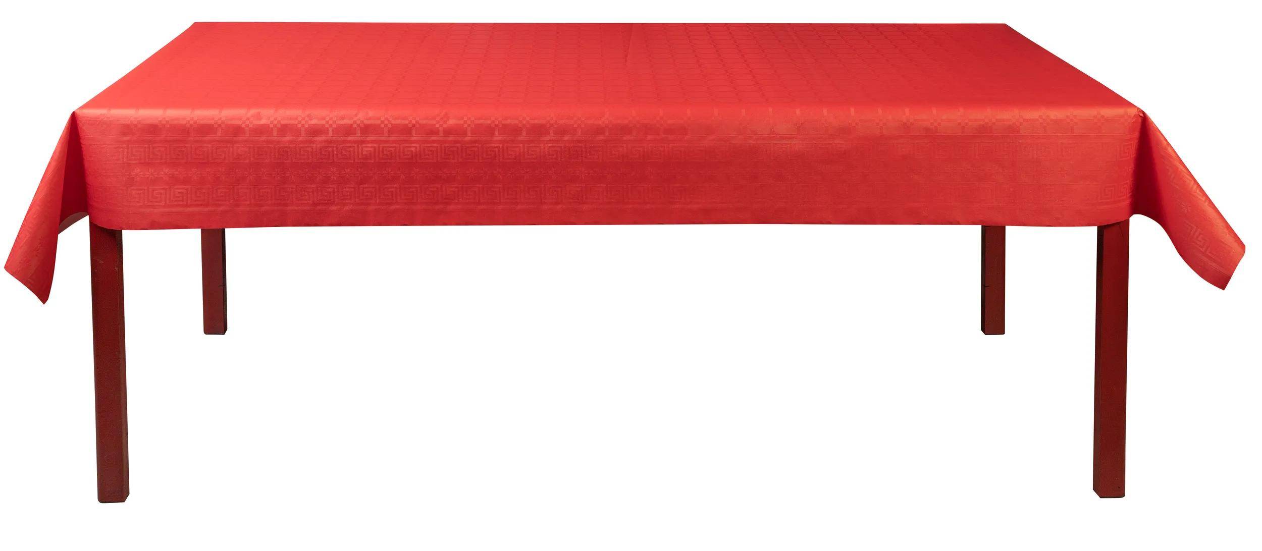 Ein rotes Tischtuch mit einem subtilen geometrischen Randmuster.
