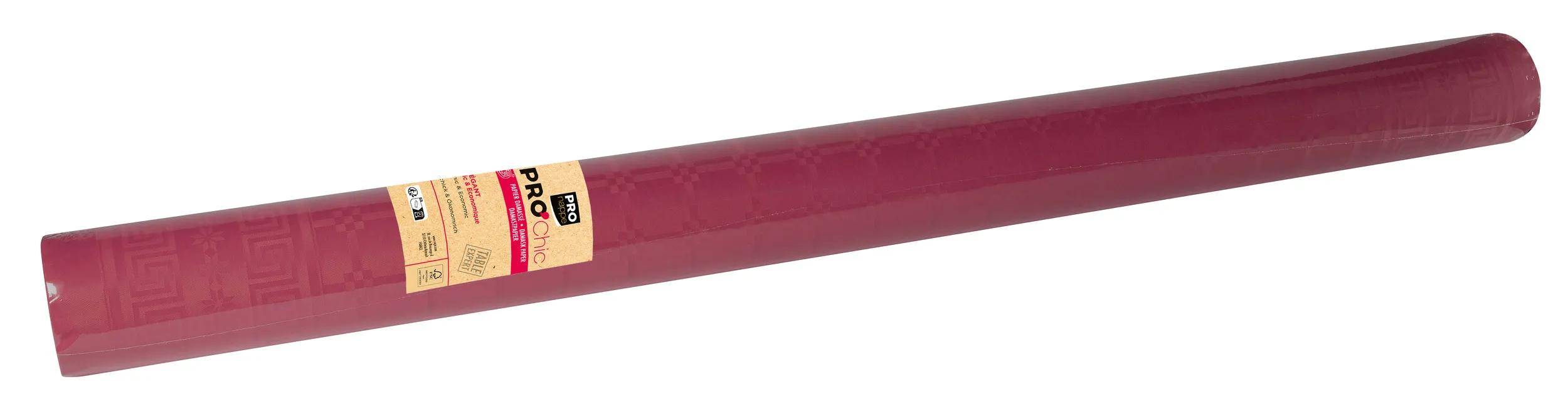 Eine Rolle rotes Geschenkpapier mit einem feinen karierten Muster.