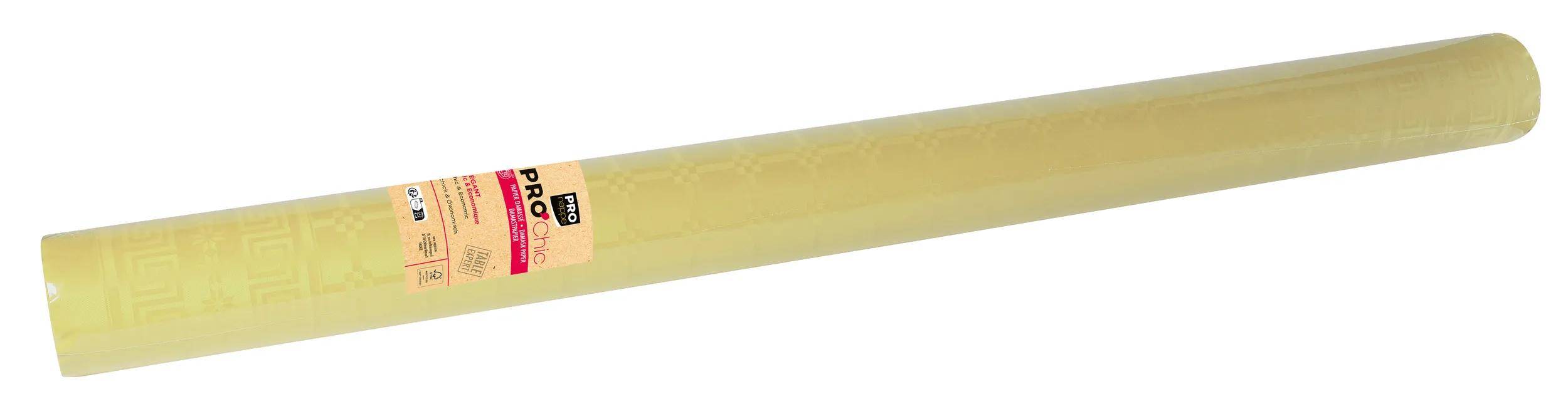 Eine Rolle aus durchsichtigem, hellgelbem Geschenkpapier mit einem feinen karierten Muster.