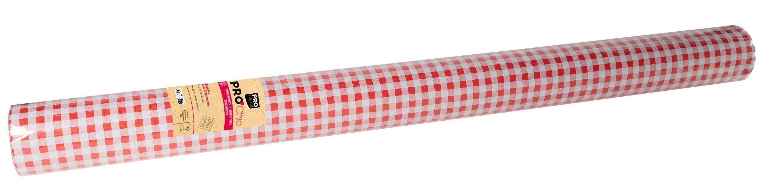 Eine Rolle rote und weiße karierte Tischdecke mit einem Muster aus kleinen Quadraten.