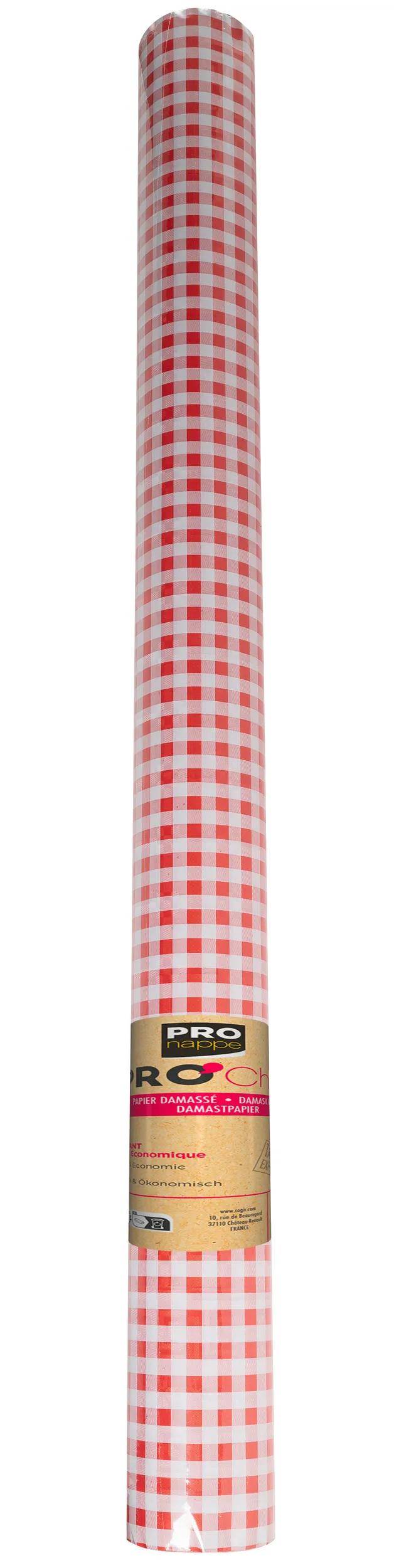 Rolle aus rot-weiß kariertem Geschenkpapier, aufrecht stehend.