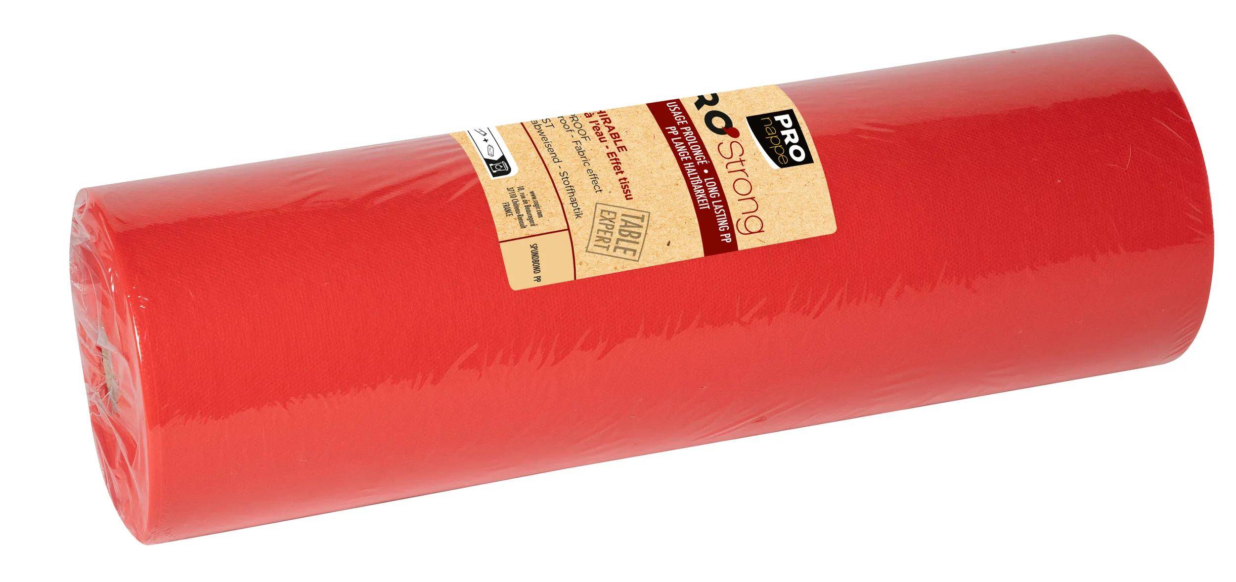 Eine große rote Rolle ProTable-Toilettenpapier, beschriftet mit „Pro Strong