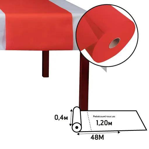 Rote Tischdeckenrolle, 0,4 m breit, 48 m lang, mit weißem Streifen. Nahaufnahme des Rollenendes und Diagramm mit Abmessungen und Layout.