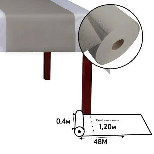 Eine graue Tischdecke auf einer Rolle wird auf einem Tisch gezeigt. Ein Diagramm hebt die Abmessungen hervor: 0,4 m Breite, 1,20 m Länge und 48 m Gesamtrrollenlänge.