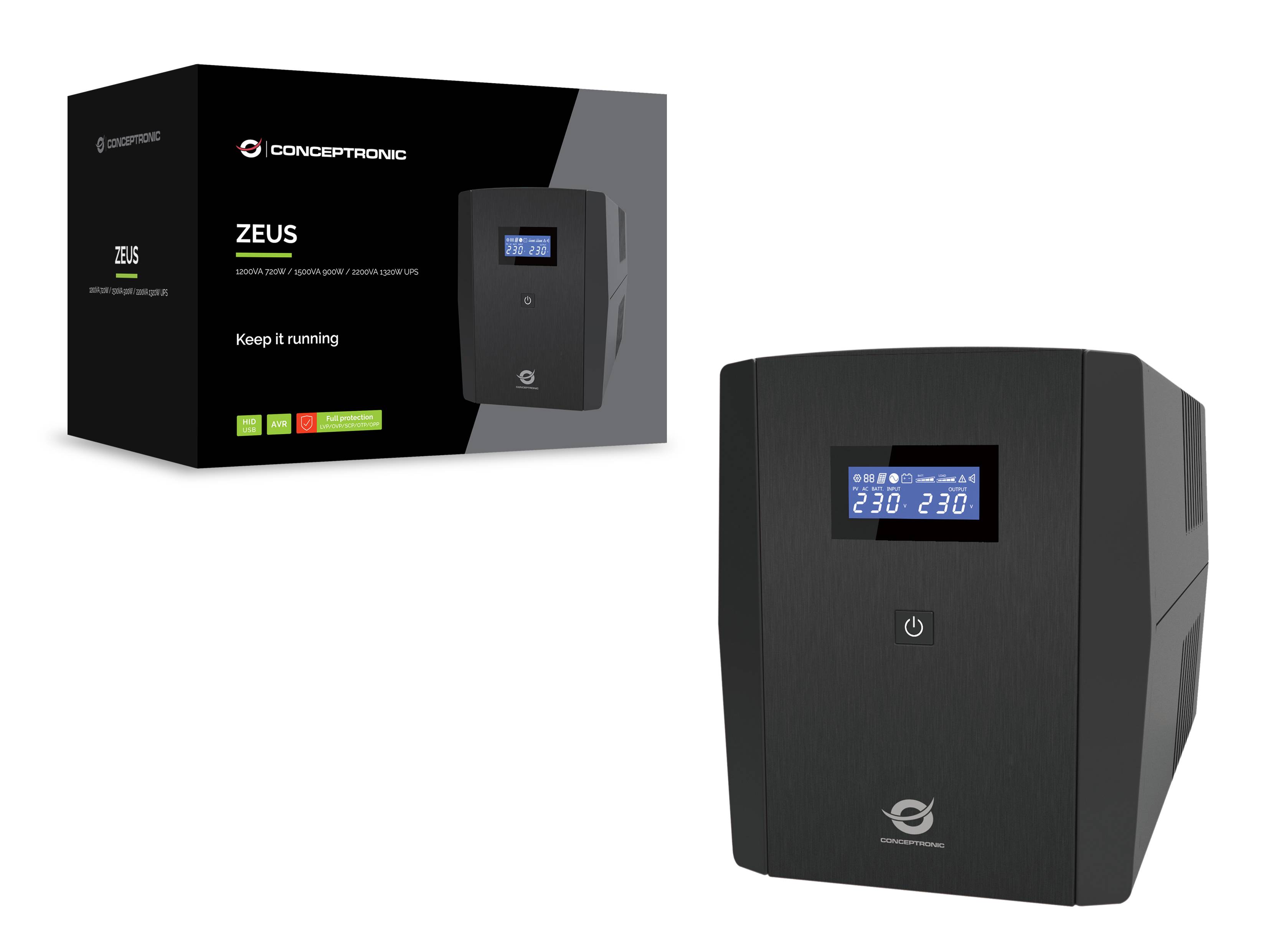 Conceptronic ZEUS03G 1200VA 720W USV, 4x UK-Steckdosen, HID-USB, RJ45 Ein/Aus, mit AVR-Funktion, Line-Interaktiv, 1,2 kVA, 720 W, 220 V, 240 V, 220