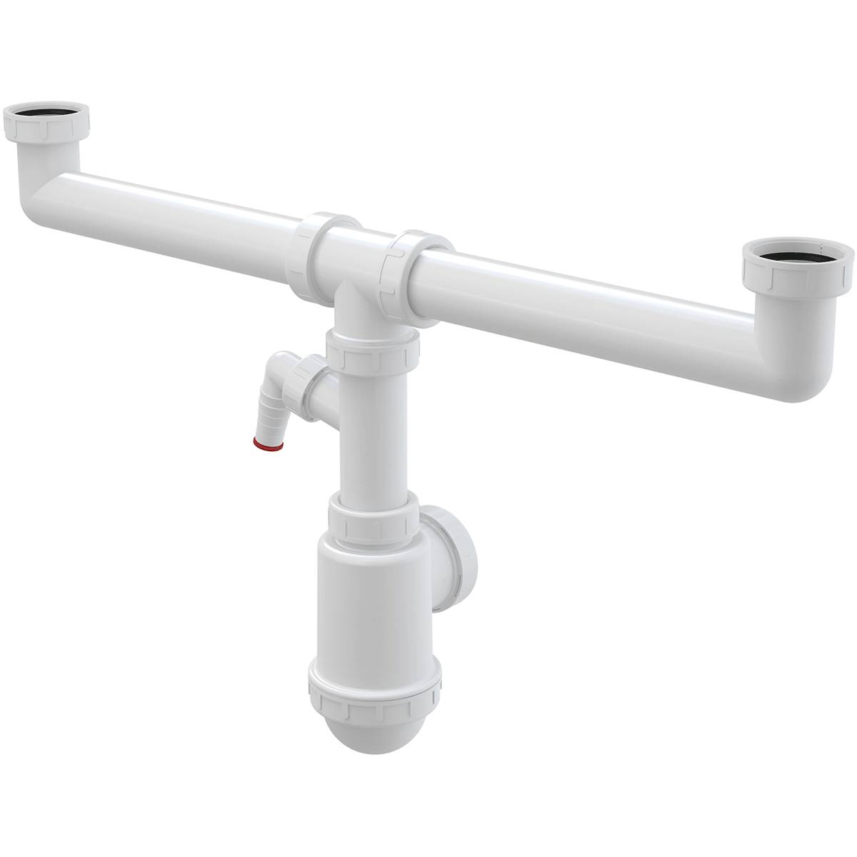 Alcadrain Doppelspülbeckensiphon mit einer Überwurfmutter 6/4" und einem Geräteanschluss