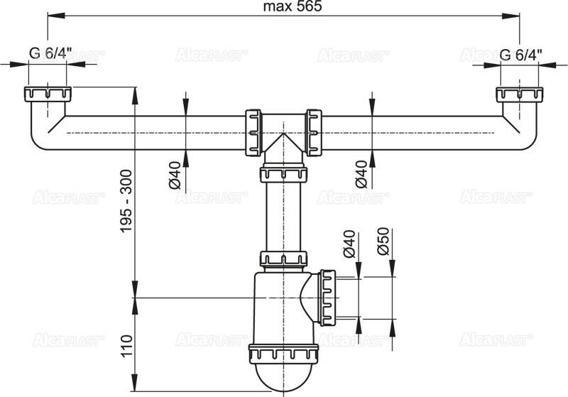 Alcadrain Doppelspülbeckensiphon mit einer Überwurfmutter 6/4"