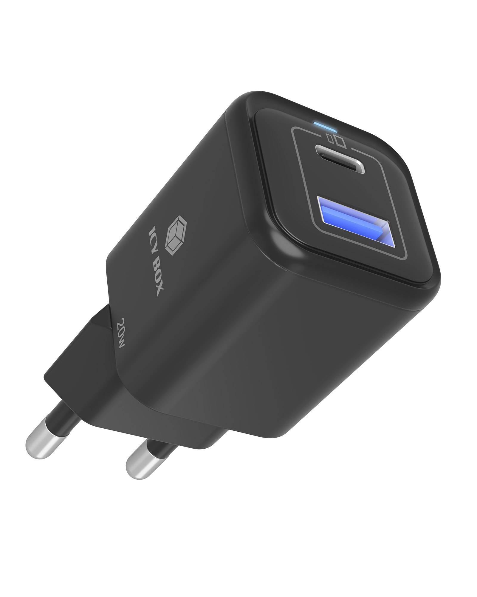 ICY BOX IB-PS1020-PD, 2 Port USB 20 W Schnellladegerät für Mobilgeräte, 1x Type-C® PD 3.0 Anschluss, 1x USB Type-A QC 3.0 Anschluss, Drinnen, AC,