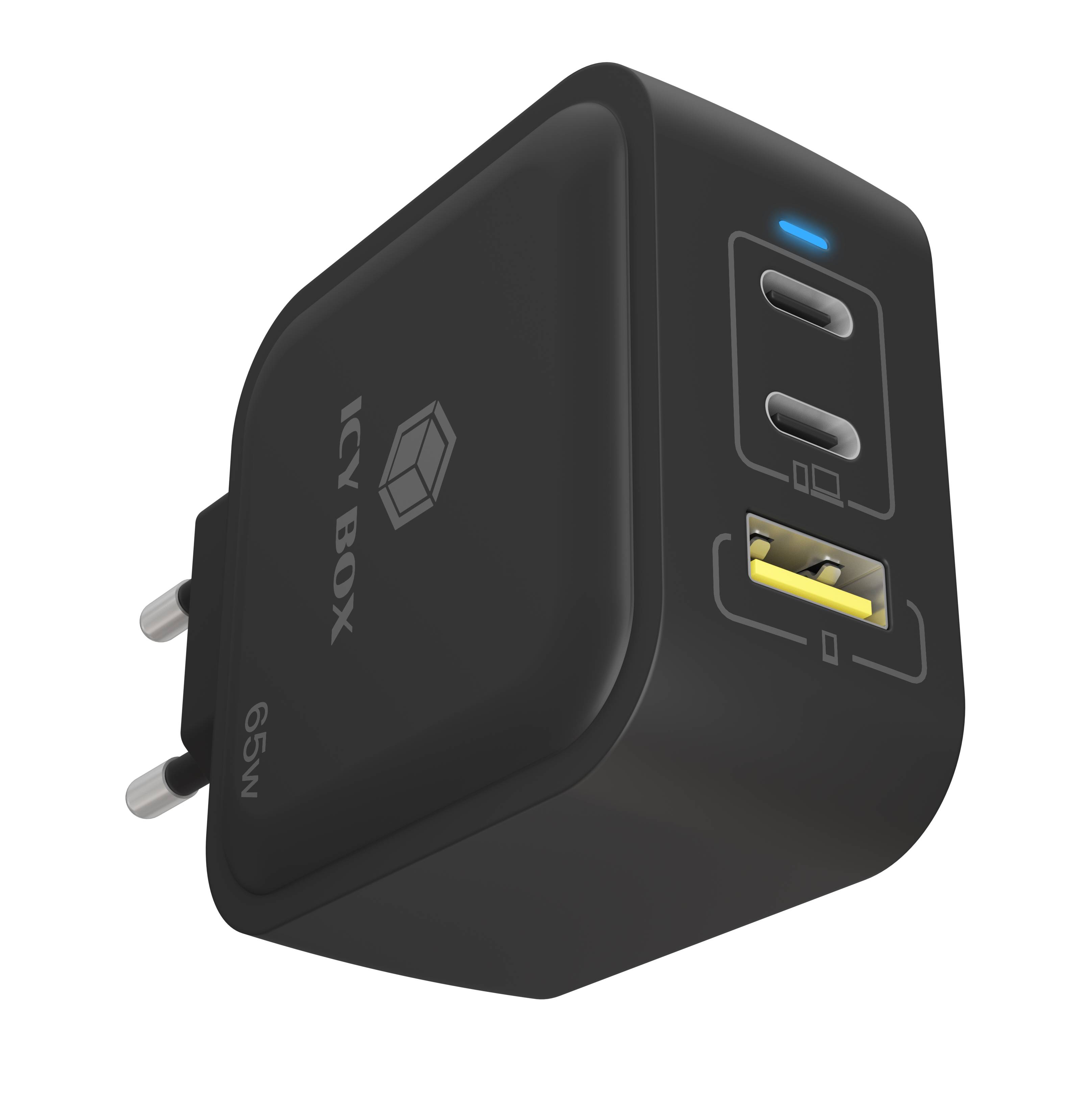 ICY BOX IB-PS1030-PD, 3Port 65W GaN Ladegerät mit Power delivery, 2x USB Type-C®, 1x USB Type-A Anschluss, EU Stcker, Drinnen, AC, 20 V, Schwarz
