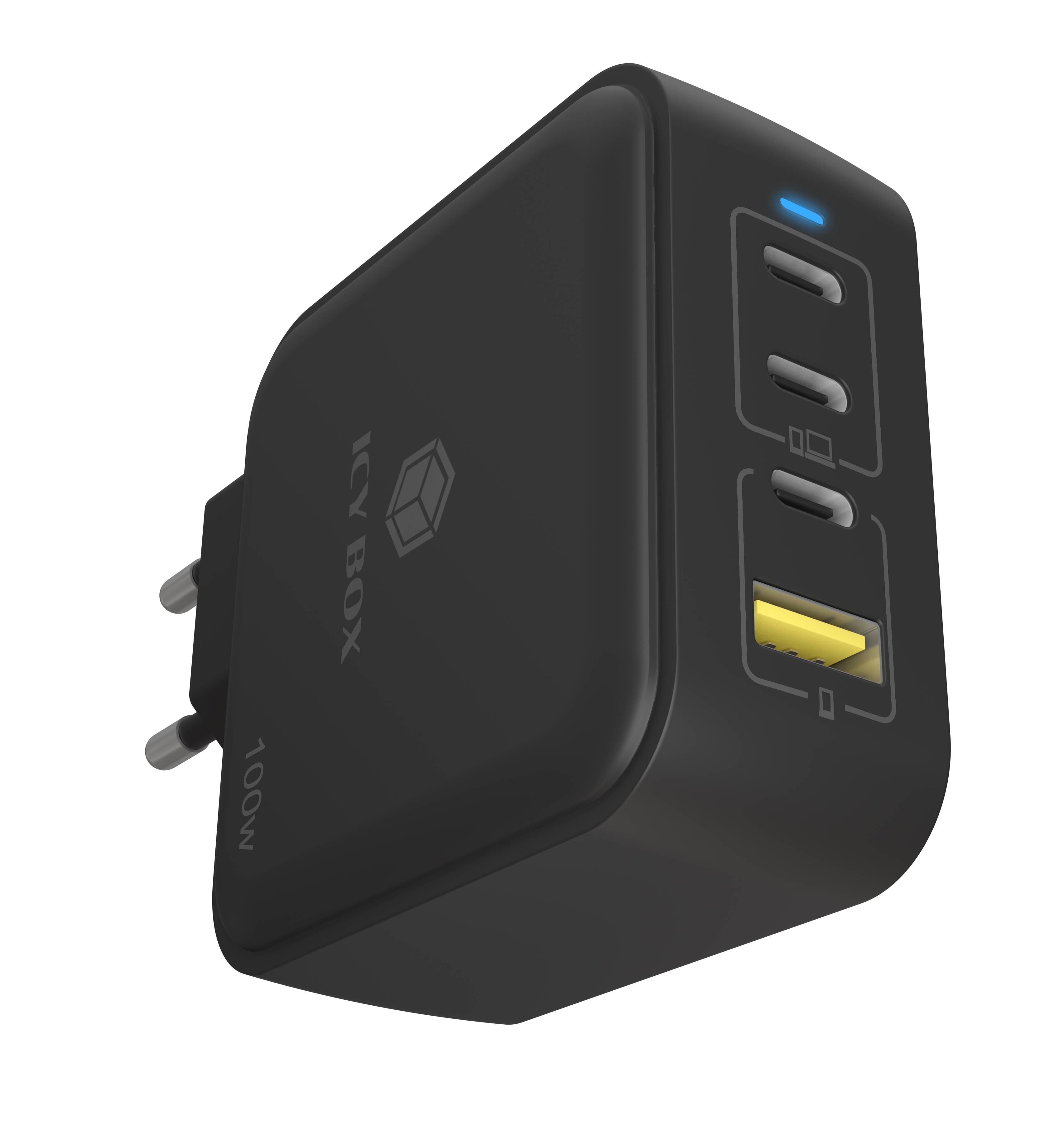 Schwarzes 100W-Wandladegerät mit zwei USB-C-Anschlüssen und einem USB-A-Anschluss, gezeigt mit blauem Anzeigelicht und europäischem Stecker.