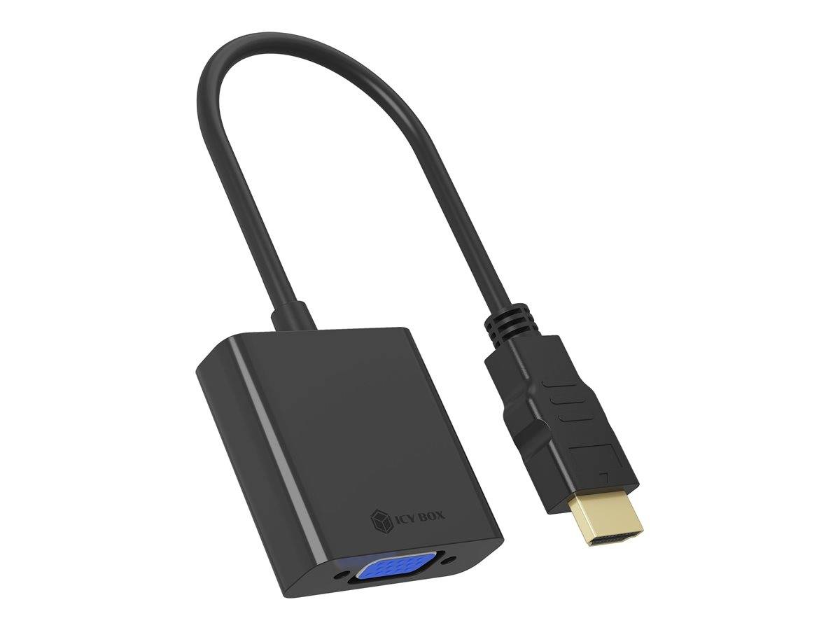 Ein schwarzer HDMI-zu-VGA-Adapter mit einem kurzen Kabel, das den HDMI-Stecker mit dem VGA-Anschluss verbindet, entwickelt zur Verbindung von Geräten mit unterschiedlichen Anzeigeschnittstellen.
