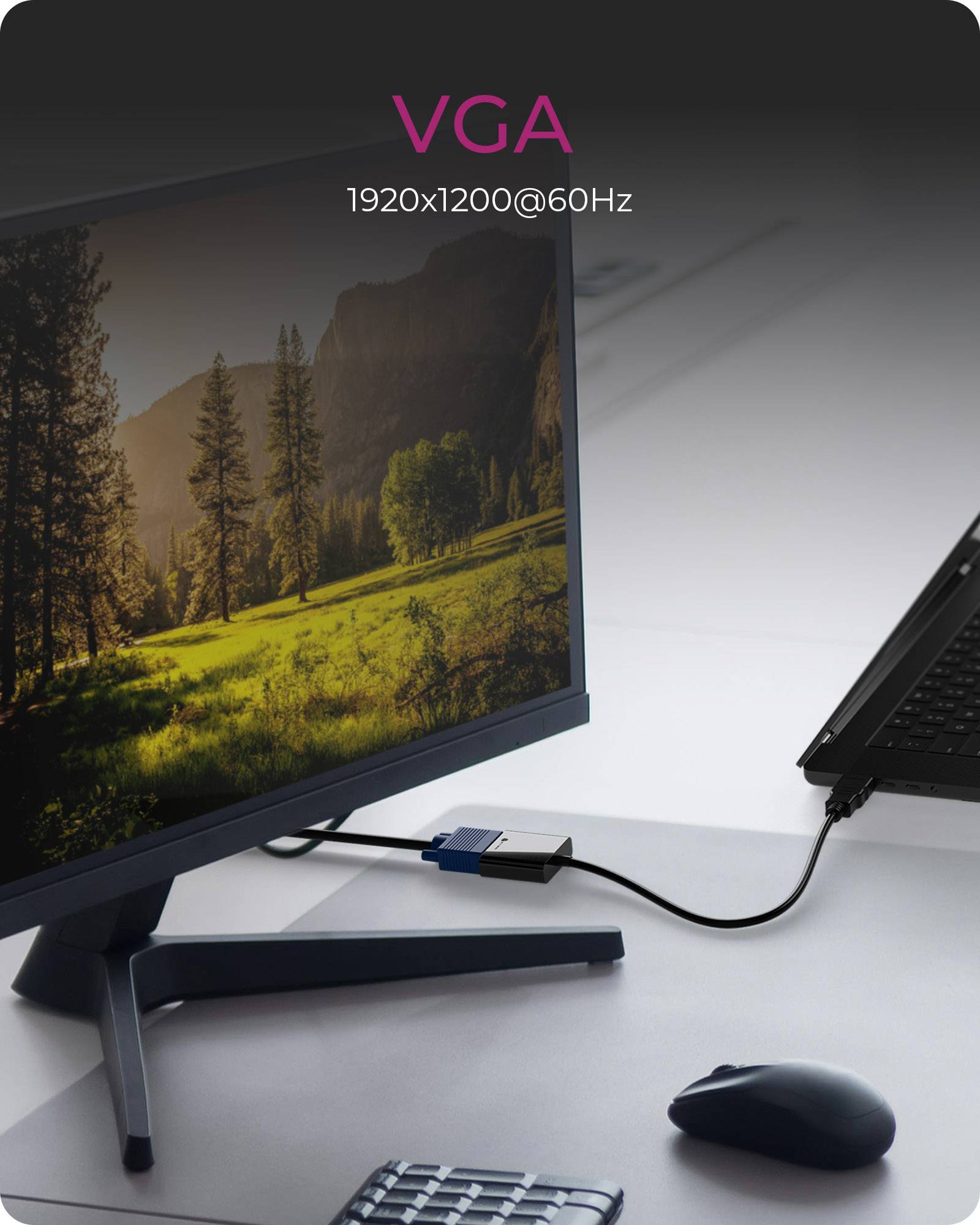 Computermonitor mit einem Laptop über ein VGA-Kabel verbunden, zeigt auf dem Bildschirm 