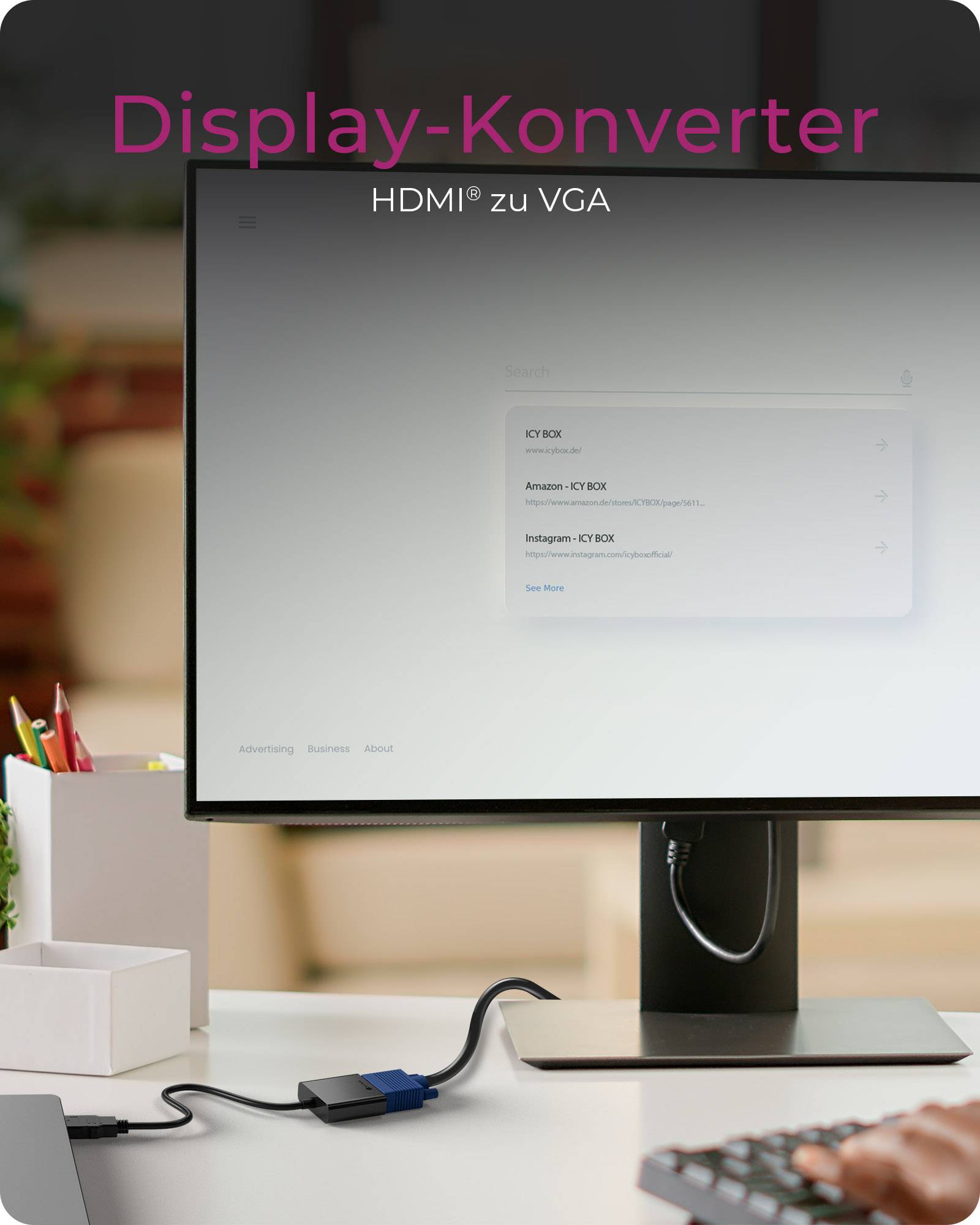 Monitor über HDMI-zu-VGA-Display-Konverter verbunden; deutscher Text „Display-Konverter