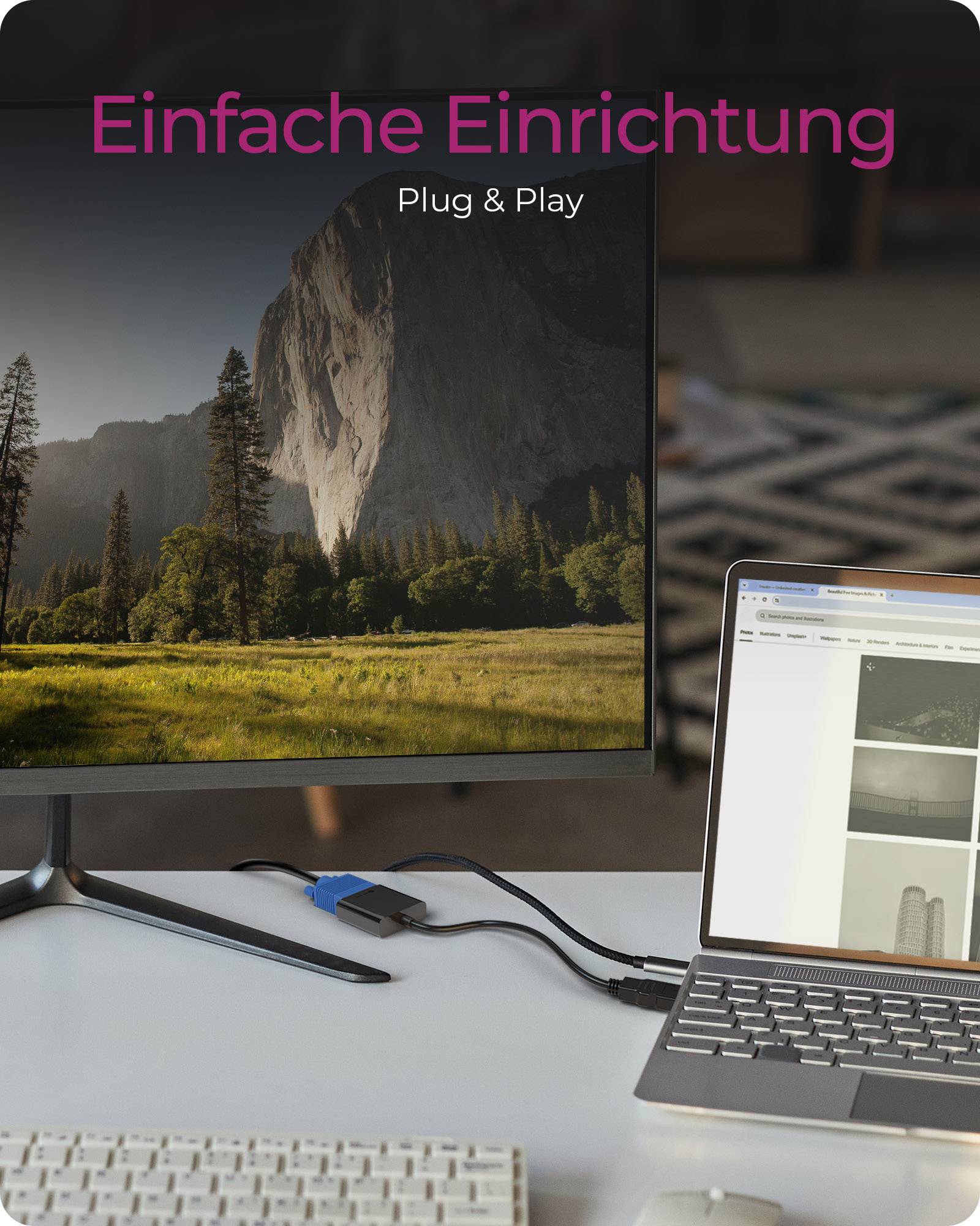 Ein Laptop, der über ein Kabel mit einem externen Monitor verbunden ist und eine Landschaft anzeigt, mit deutschem Text „Einfache Einrichtung