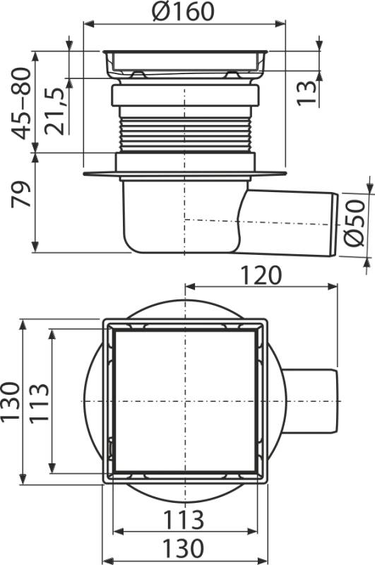 AlcaDrain Edelstahl-Bodenablauf 130×130 mm mit einem waagrechten Abgang, doppelseitiges Edelstahl-Rost, Kombi-Geruchsverschluss SMART