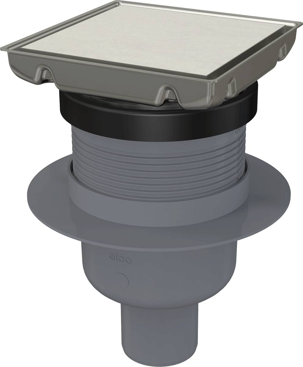 AlcaDrain Edelstahl-Bodenablauf 130×130 mm mit einem senkrechten Abgang, doppelseitiges Edelstahl-Rost, Geruchsverschluss mit Sperrwasser