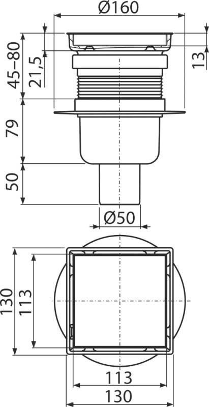 AlcaDrain Edelstahl-Bodenablauf 130×130 mm mit einem senkrechten Abgang, doppelseitiges Edelstahl-Rost, Geruchsverschluss mit Sperrwasser