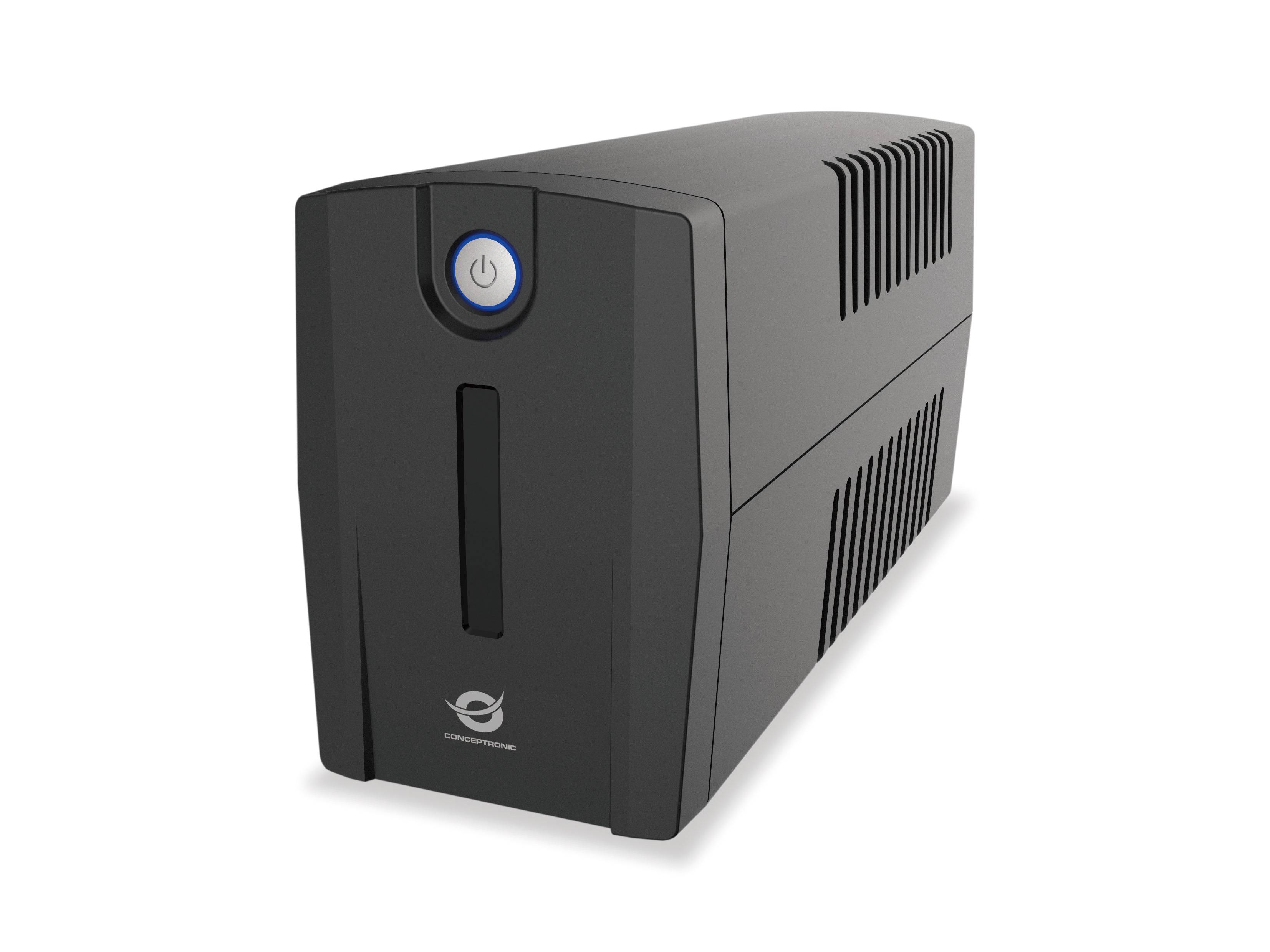 Conceptronic ZEUS01G 650VA 360W USV, 2x UK-Steckdosen, HID-USB, RJ45 Ein/Aus, mit AVR-Funktion, Line-Interaktiv, 0,65 kVA, 360 W, 220 V, 240 V, 220