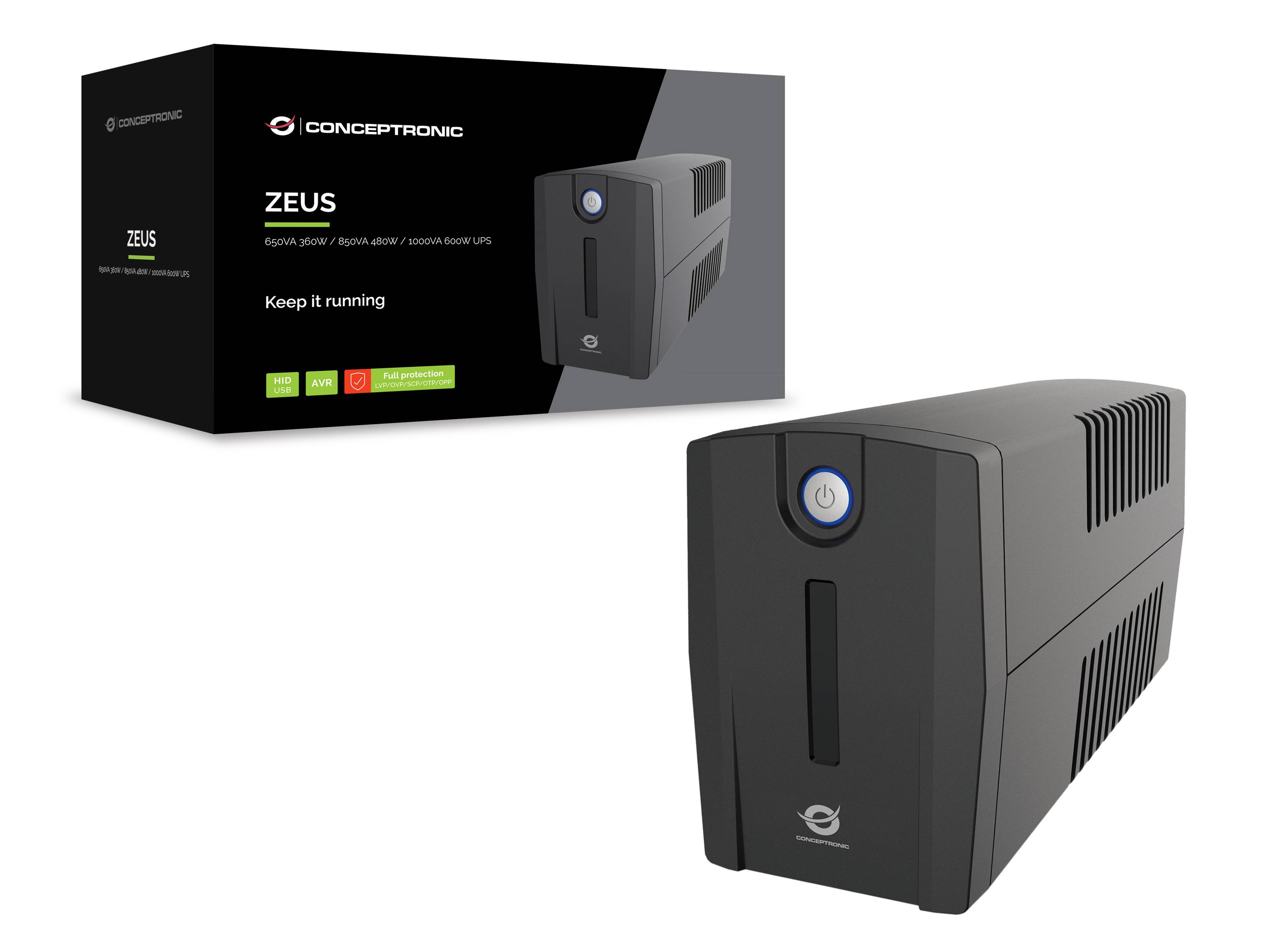 Conceptronic ZEUS01G 650VA 360W USV, 2x UK-Steckdosen, HID-USB, RJ45 Ein/Aus, mit AVR-Funktion, Line-Interaktiv, 0,65 kVA, 360 W, 220 V, 240 V, 220