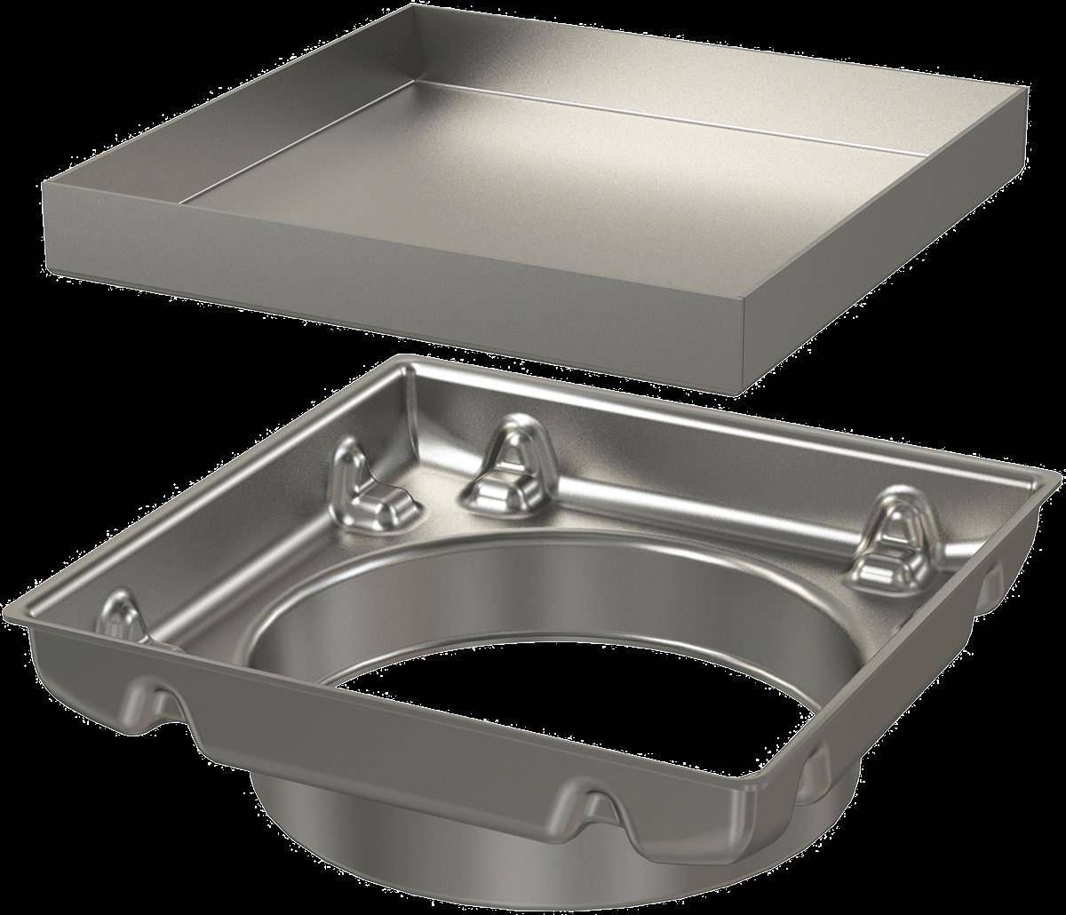Explosionszeichnung eines Metallbodenablaufs oder einer Deckenbox mit abnehmbarem quadratischem Deckel und kreisförmiger Ablauföffnung.