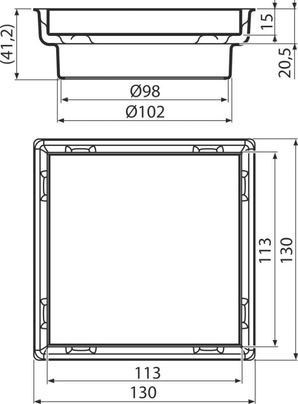 AlcaDrain Aufstockelement des Aufsatzes + Beidseitiger Rost 130×130 mm, Edelstahl