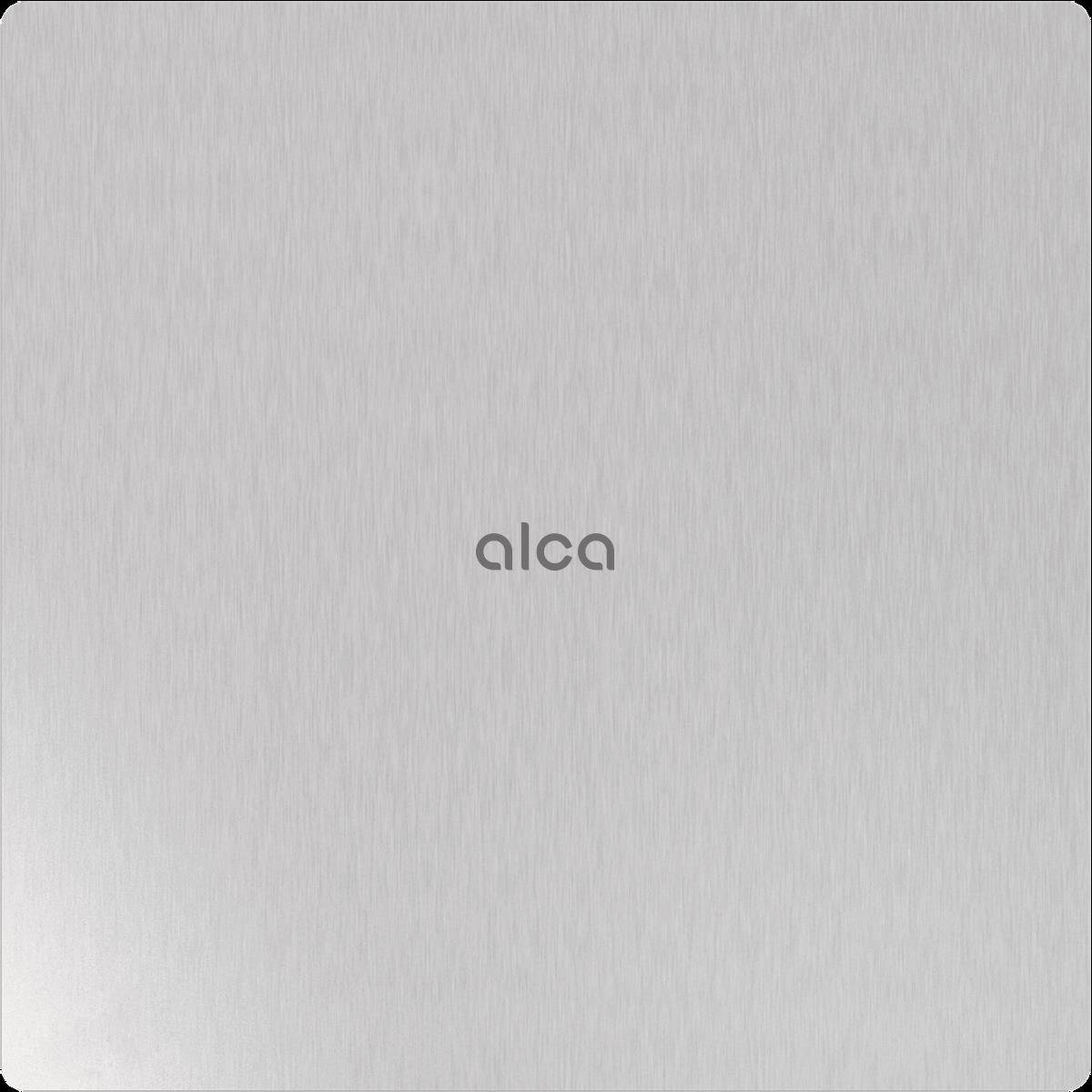 Nahaufnahme einer gebürsteten Metallplatte oder Gerätefrontseite mit dem zentriert positionierten Logo 'alca'.
