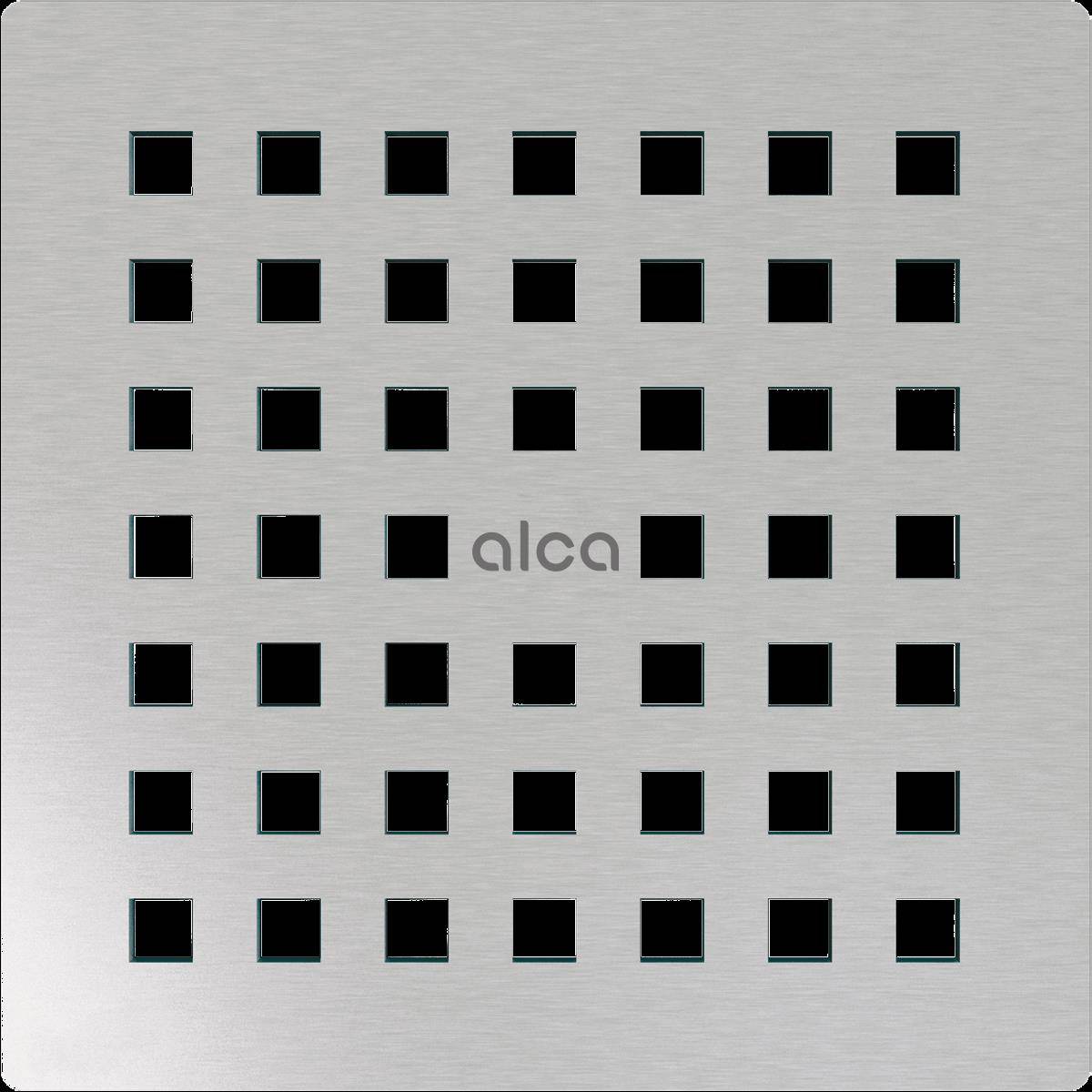 Gebürstetes Metallpaneel mit einem Gitter aus quadratischen schwarzen Ausschnitten und dem Wort „alca