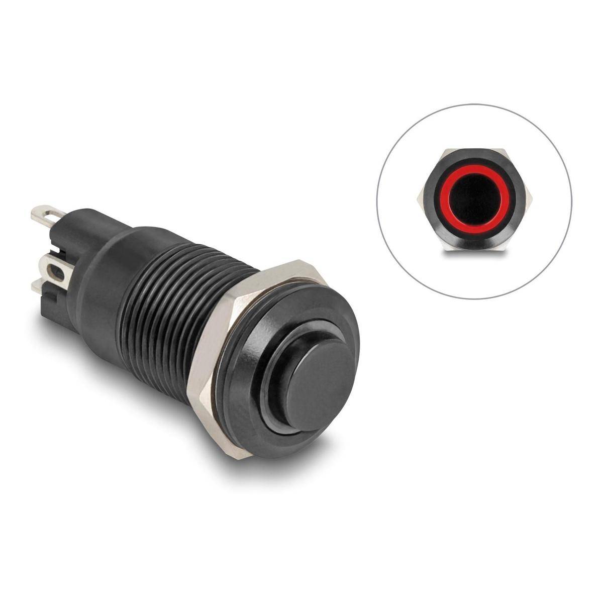 Delock Druckschalter zum Einbau schwarz 12 mm 12 V 4 x Lötanschluss LED rot Ring