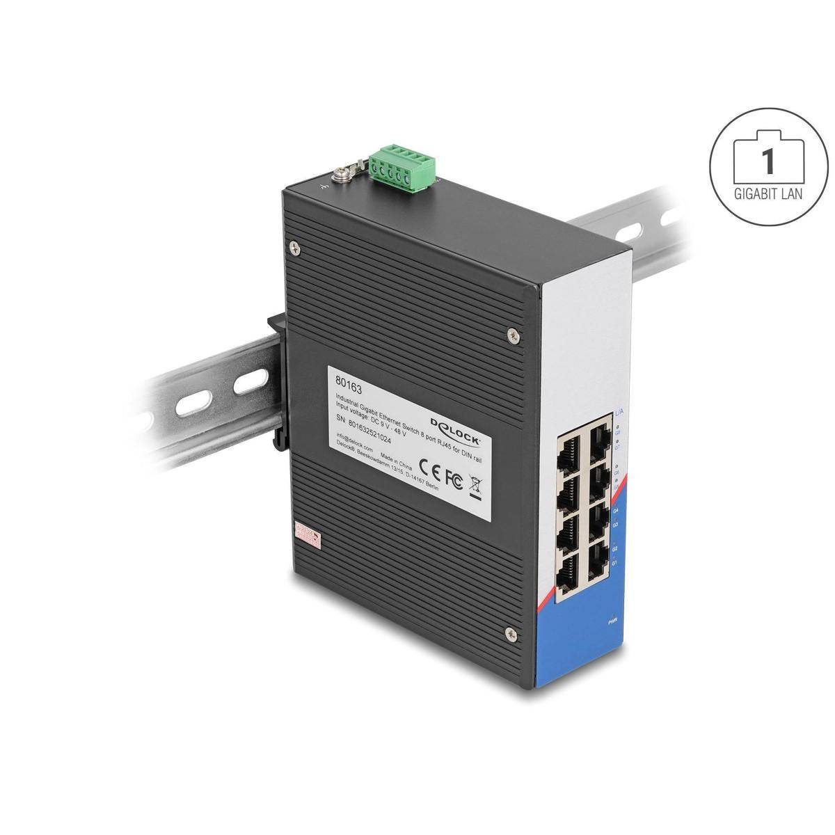 Delock Industrie Gigabit Ethernet Switch 8 Port RJ45 für Hutschiene