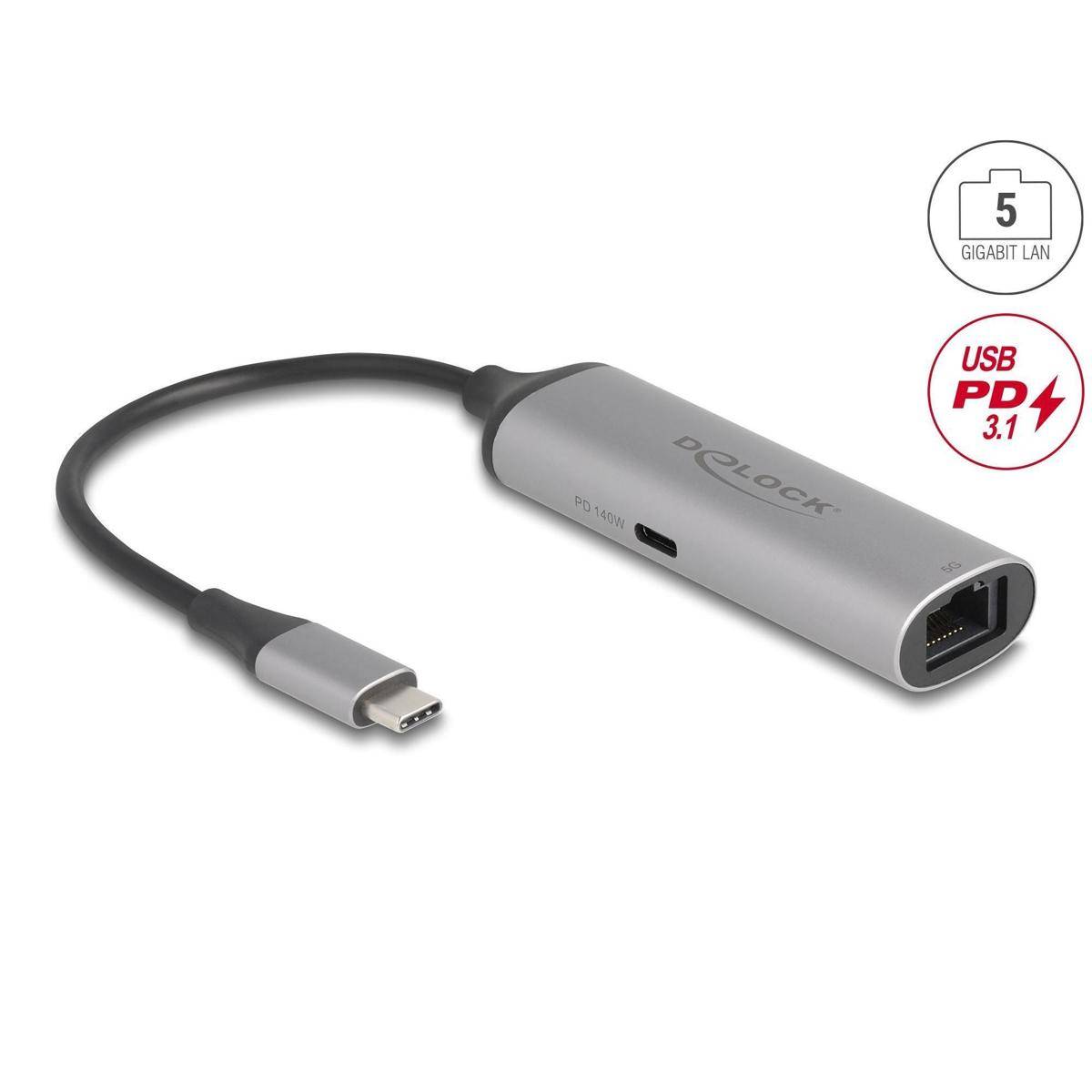Delock USB Type-C Netzwerk Adapter 5 Gigabit LAN 1 x RJ45 mit Power Delivery PD