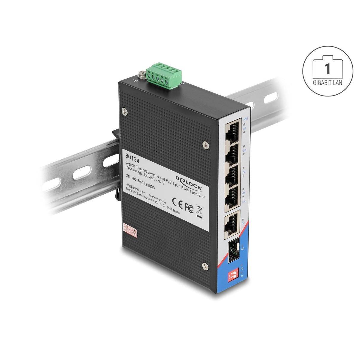 Delock Industrie Gigabit Ethernet Switch 4 Port PoE 1 Port RJ45 1 Port SFP für H