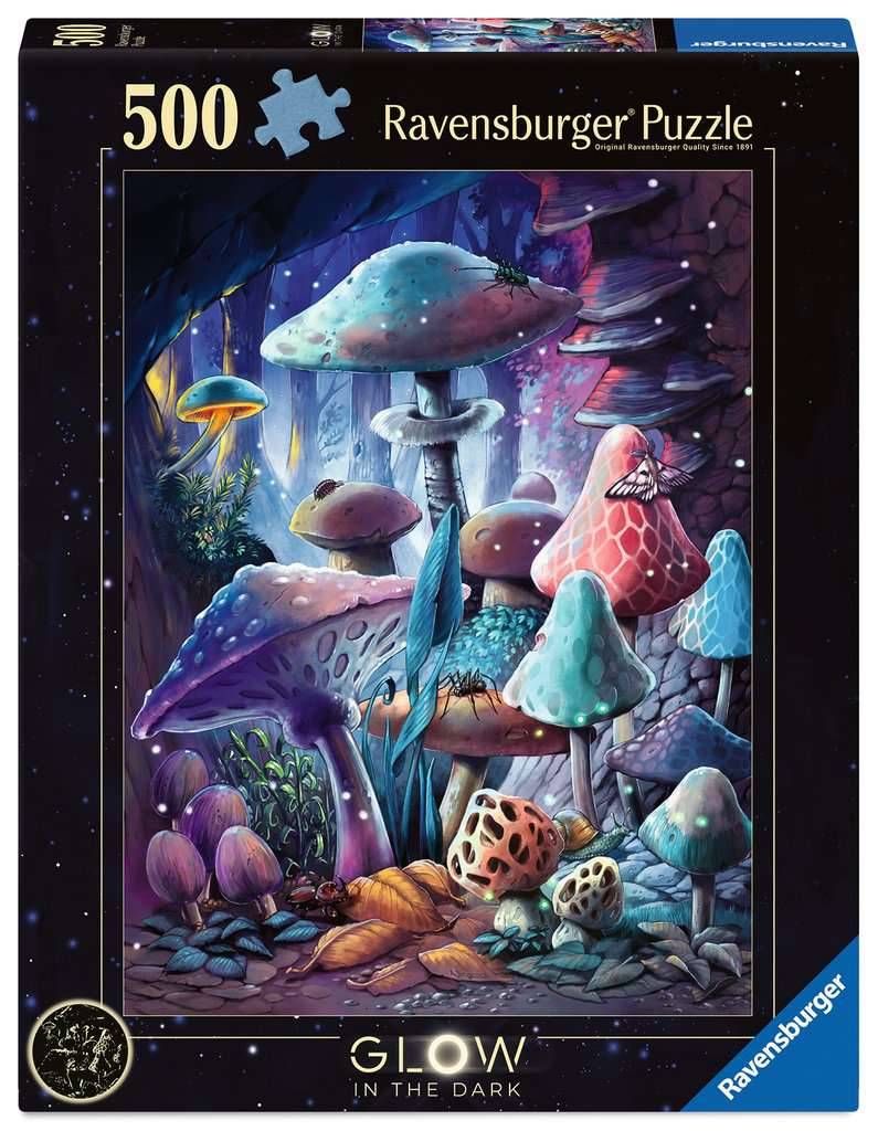 Ravensburger Box mit 500-teiligem 'Glow in the Dark' Puzzle mit einer farbenfrohen Fantasy-Pilzwaldszene.