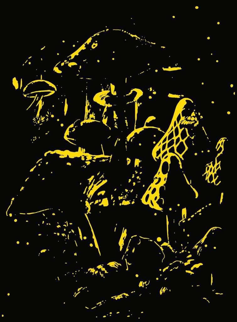 Gelbe abstrakte Silhouette eines sitzenden Schlagzeugers, der ein Schlagzeug spielt, auf schwarzem Hintergrund, mit spritzenden, malerei-ähnlichen Highlights.