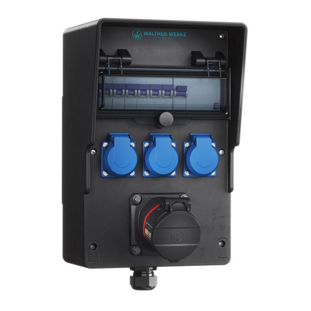 Elektroanschlusskasten 'Walther-Werke' für den Außenbereich mit drei blauen Steckdosen und einer schwarzen Steckdose, konzipiert für elektrische Verbindungen im Freien.