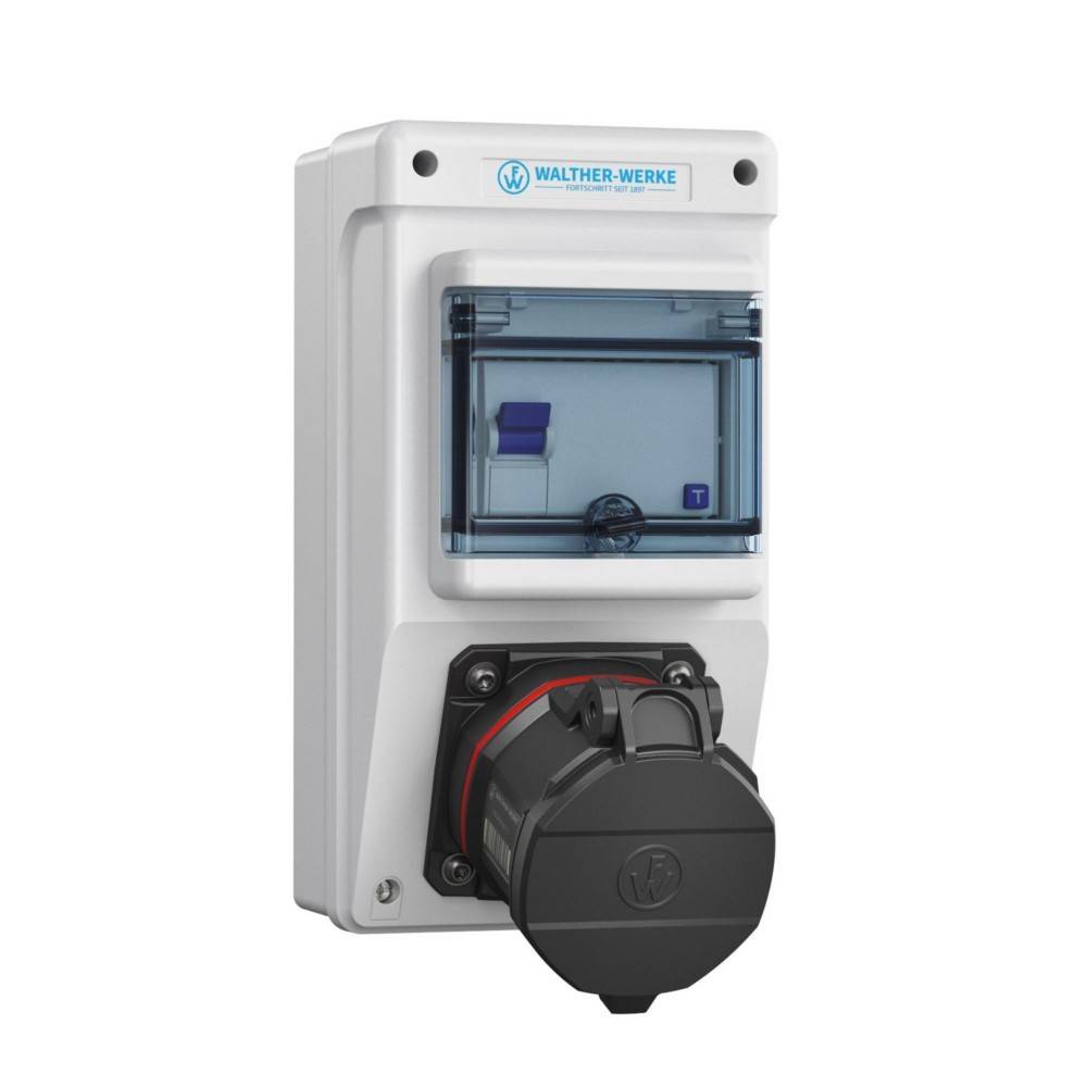 Elektrische Wandsteckdose mit Schutzabdeckung in einem weißen rechteckigen Gehäuse, geeignet für industrielle Anwendungen.