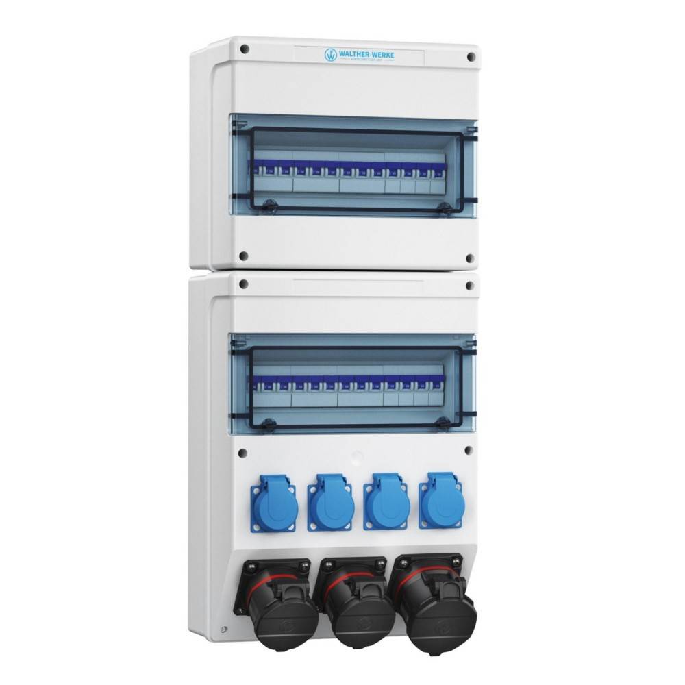 Industrielle Stromverteilungseinheit mit mehreren Steckdosen und Schaltern, geeignet für robuste elektrische Verbindungen und sicheren Betrieb.
