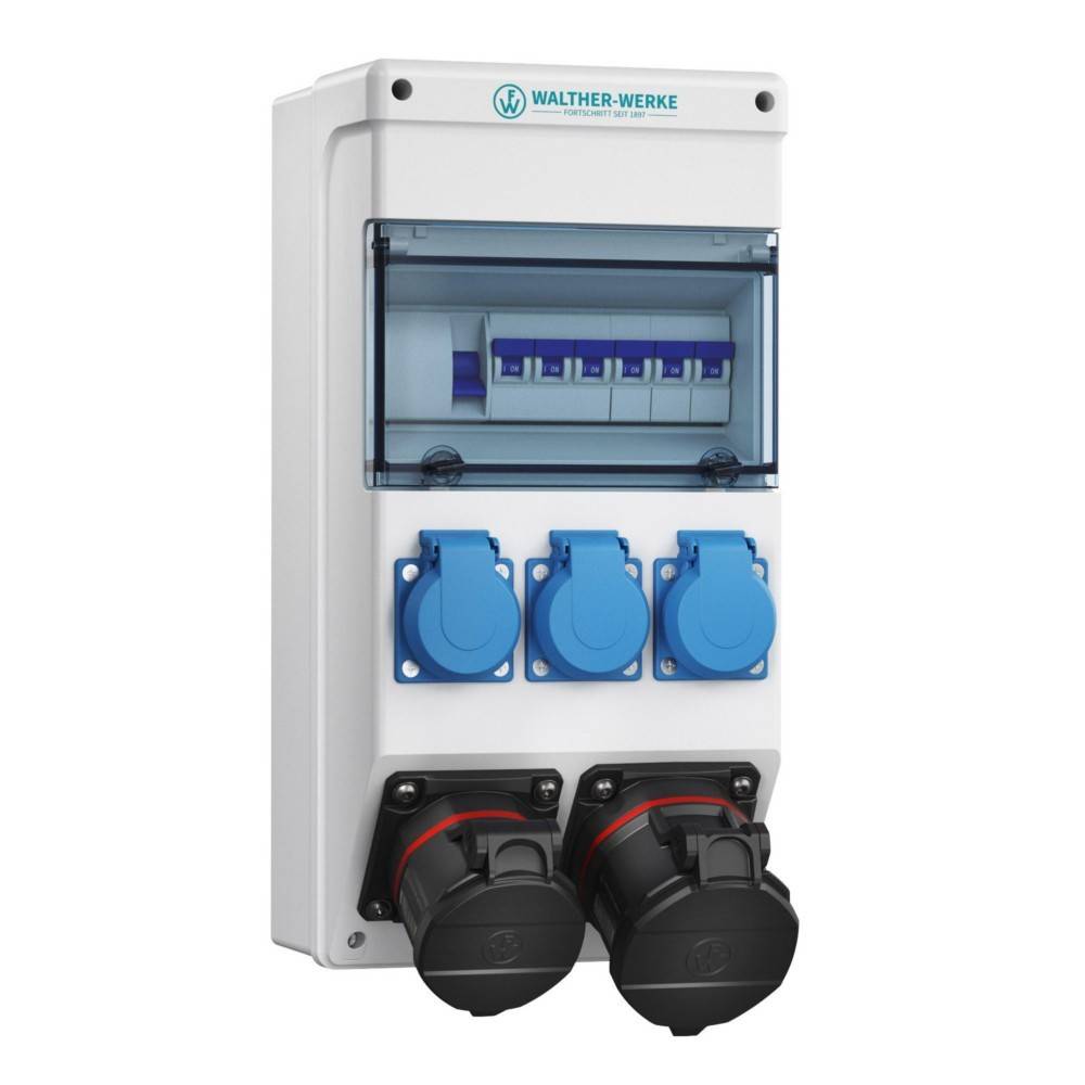Walther-Werke Elektroverteilungseinheit mit blauen Steckdosen und Sicherungsautomaten, konzipiert für industrielle Stromverteilung.