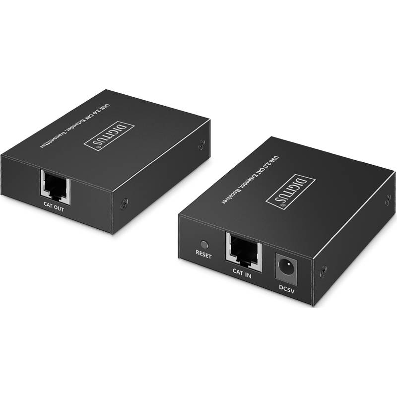 Zwei schwarze CAT-Verlängerungsboxen auf weißem Hintergrund, eine mit der Aufschrift CAT OUT und die andere mit CAT IN, mit RESET- und DC 5V-Anschlüssen.
