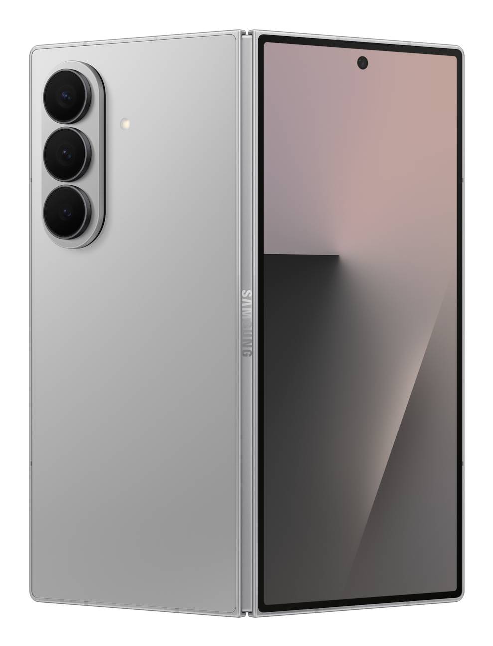 „Elegantes Smartphone mit minimalistischem Design, das drei rückseitige Kameras in einer vertikalen Anordnung auf einer silbernen metallischen Oberfläche aufweist.