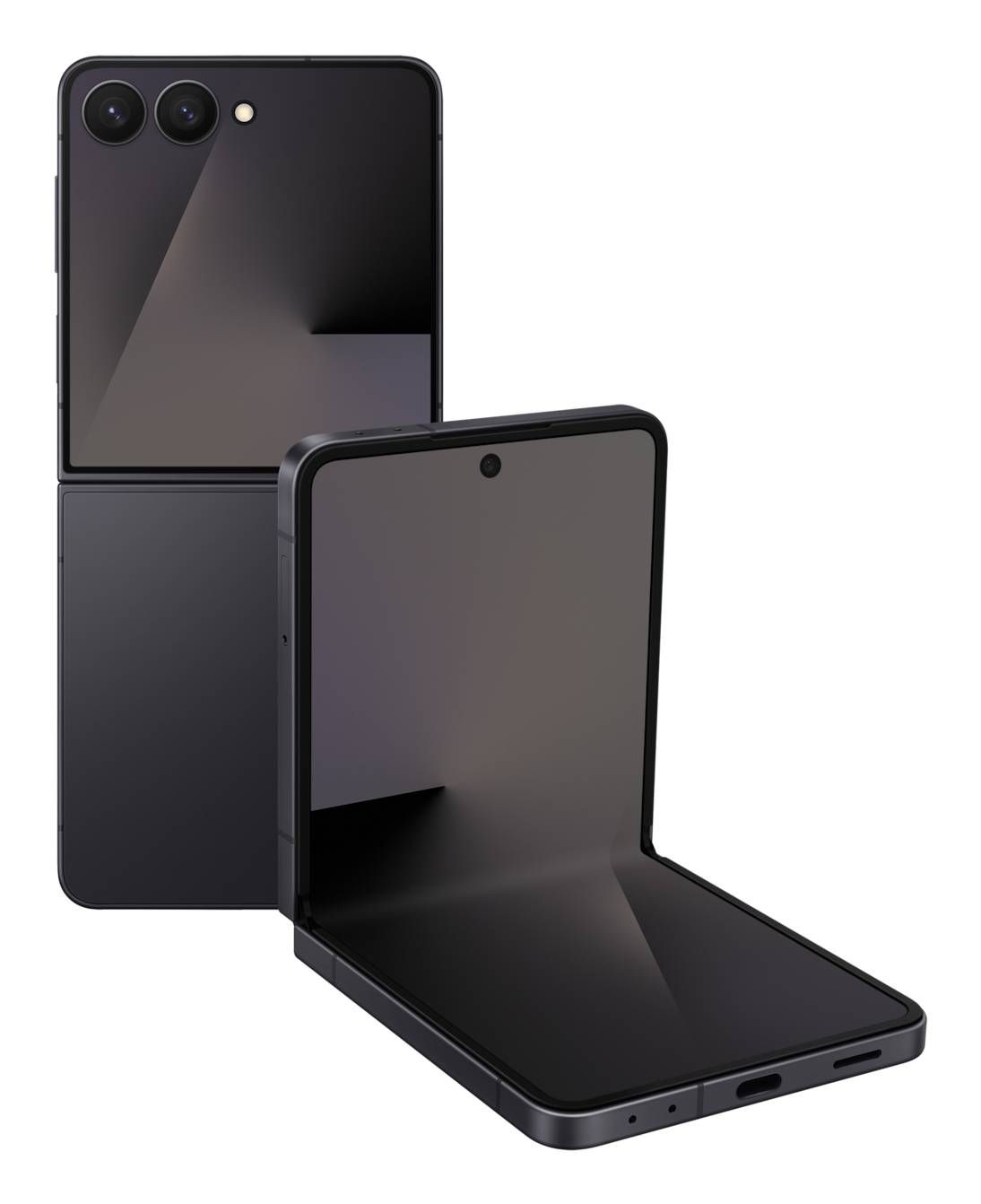 Zwei schwarze faltbare Smartphones, die offen und geschlossen gezeigt werden, wobei das Scharnier-Design des faltbaren Bildschirms hervorgehoben wird.