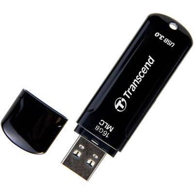 Ein schwarzes Transcend USB-3.0-Speicherlaufwerk mit abnehmbarer Kappe, gekennzeichnet mit 16GB MLC, das tragbare Datenspeicherung demonstriert.