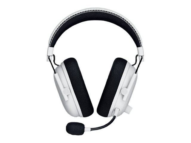 Weiße Over-Ear-Kopfhörer mit schwarzen Ohrpolstern und angebrachtem Boom-Mikrofon auf einfachem weißem Hintergrund.
